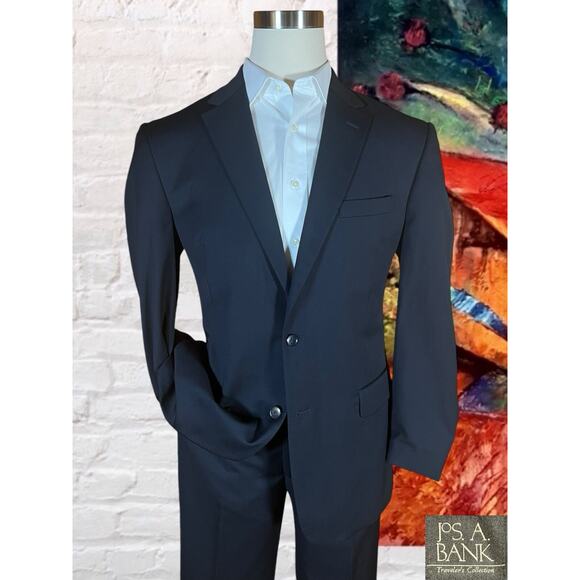 Jos A Bank Traveler 43L 36x31 Mens Navy Blue 2 Piece Suit Jacket Pants - Picture 1 of 16